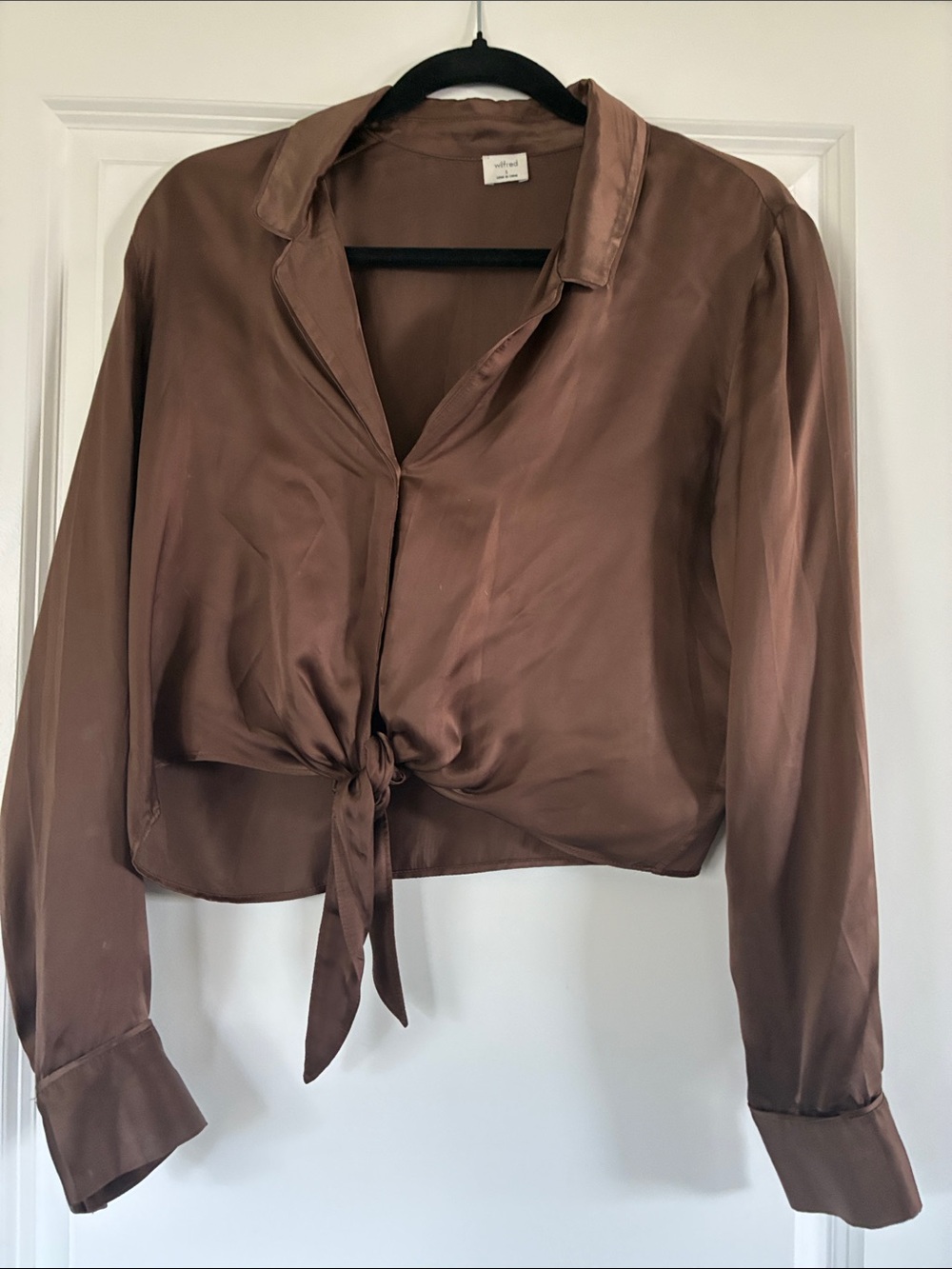 ARITZIA Wilfred Brown Tie-Front Satin Blouse